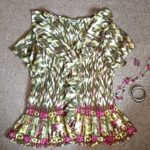 Ruffled Blouse Green Fuchsia Fitted